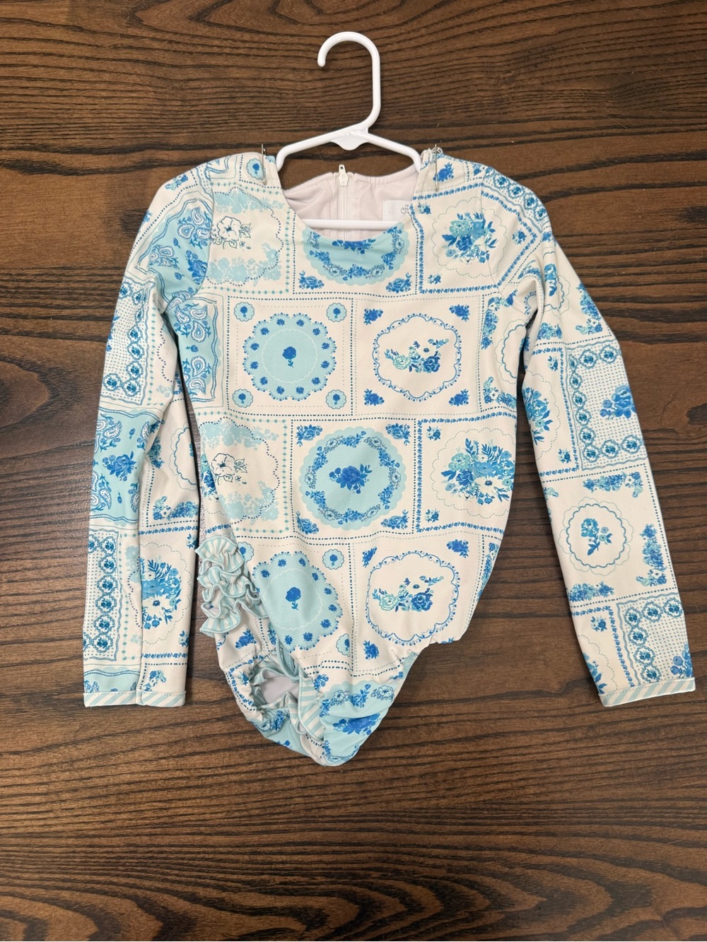 SweetHoney Kids Long-Sleeve Rashguard in Blue and White Floral Tile